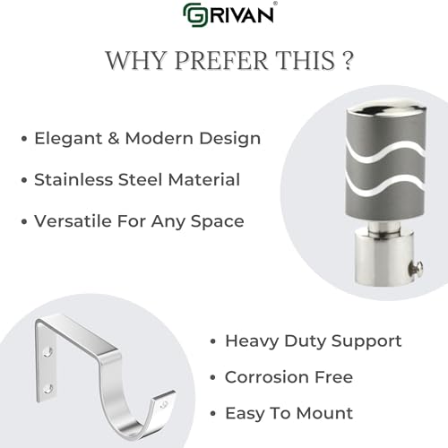 Image of GRIVAN Stainless Steel Curtain Holder Set for Door Window Wall Suitable for 1 Inch Rod Curtain Bracket Support Knobs Accessories (Grey, Pair of 2)