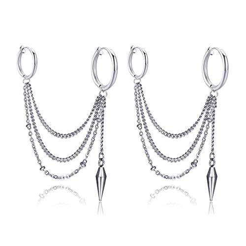 Xusamss Punk Jewelry Stainless Steel Huggie Hinged Earrings Spike Tassel Long Chain Dangle Drop Earrings