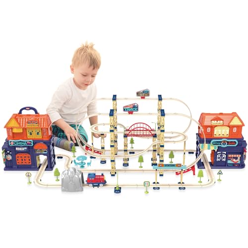 deAO 217Pcs Eléctrica Circuito Coches Niños con Sonido Y Coches De Carreras,Pistas Slot,Pista De Coches para Niños,Juguetes Niños Niña 3 4 5 6 Años