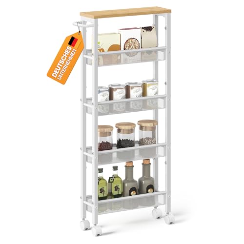 VASAGLE Rollwagen 5 Ebenen, Küchenwagen schmal, Nischenregal auf Rollen, Stahl, Griff, für kleine Räume, 13 x 45,4 x 99,6 cm, Küche, Bad, Wohnzimmer, Arbeitszimmer, eichenfarben-weiß LRC034W09