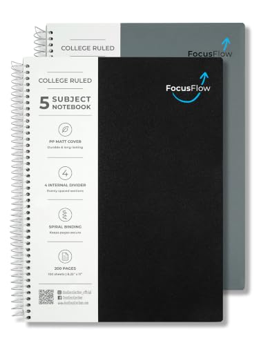 Image of Doodle Focus Flow 5 Subject Spiral Notebook Set of 2 | Black + Grey | 200 Sheets Each, College Ruled Paper | Multi Subject Notebooks with Dividers & Water Resistant Covers for Office, School & Business Notes