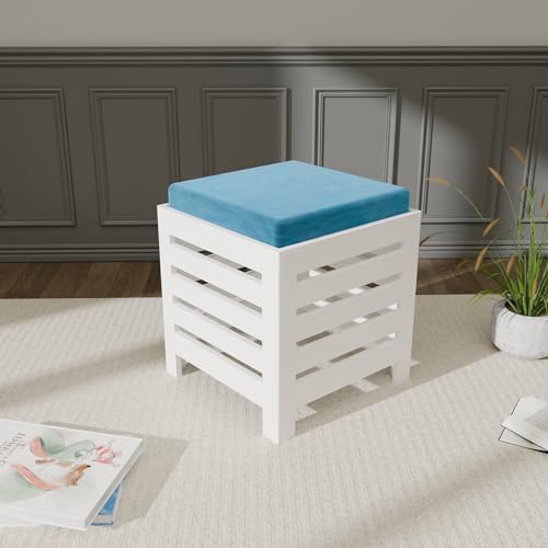 Image of ETIQUETTE ART Cushion Wooden Stool | Foot Stool | Fruit Square Table | Office Bedside Table | Kitchen Stool With Cotton Cover (White & Aqua), 30 Cm X 30 Centimeters