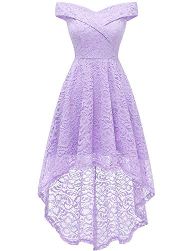 Dresses for Wedding Guest Women Spring Wedding Dress Floral Lace Off The Shoulder Hi-Lo Dresses Cocktail Dress for Women Party Lavender S