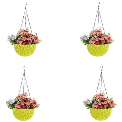 Image of Go Hooked Pots | Plastic | Hanging Pot | Yellow | Pot Diameter- 7.1 Inch | Pot Height-4.8 Inch | Pot Thickness-3 mm | Chain Length-13 inch Approx. | 4 Pieces