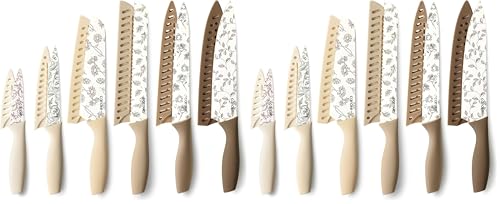Image of CAROTE 12PCS Knife Set, Kitchen Knife Set with 6 Blade Guards, Stainless Steel Knives Set With Nonstick Ceramic Coating, Rustproof, Delicate Floral Designs, White (Pack of 2)