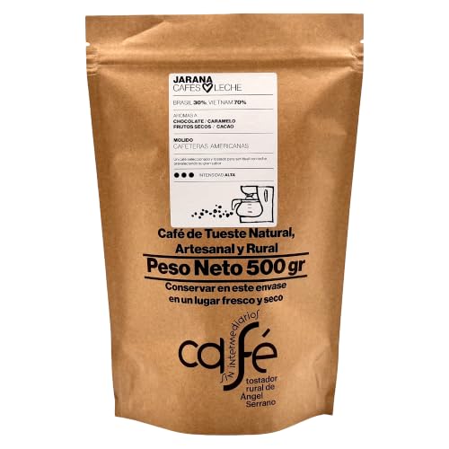 CAFÉ SIN INTERMEDIARIOS - Café de Vietnam y Brasil - Jarana - Ideal para combinar con leche - Intensidad de sabor Alta - Recién tostado y envasado - 500 gr MOLIDO para cafeteras Americanas
