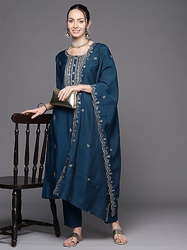 Image of INDO ERA Women's Green Poly Silk Embroidered Straight Kurta & Pant with Dupatta Set (KH9GN7223)
