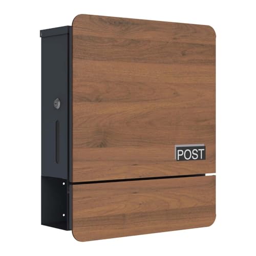 SCHARTEC SPB-5 Boîte aux lettres murale en bois foncé avec compartiment à journaux moderne et grande