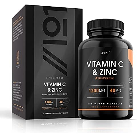 Vitamin C 1200mg Zinc 40mg - 120 Vegan Capsules - Immune Support - Non-GMO (1 Pack) Cover