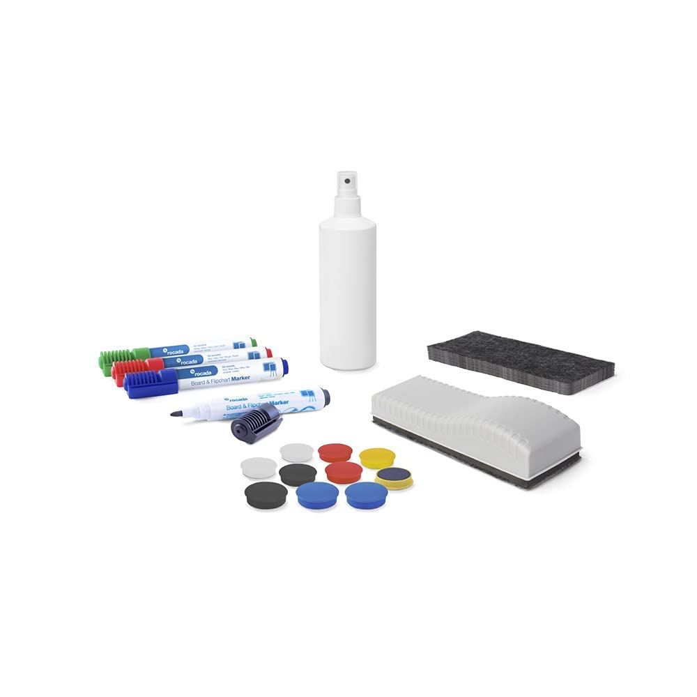 Rocada | Kit de accesorios para pizarras magnéticas | 4 Rotuladores para pizarra blanca + 10 Imanes de colores + Borrador Magnético + Spray de Limpieza + Recambios para los Borradores