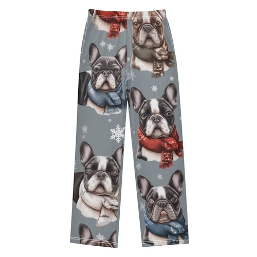 French Bulldog Snowflake Boys Long Pants Soft Trousers Elastic Waist Kids Lounge Bottoms with Pockets S-XL