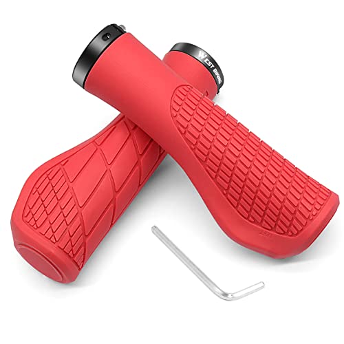 YERUUE Puños Bicicleta Puños Bicicleta Ergonómicos, Caucho Mango de Bicicleta a Antideslizante de una Pieza con Bloqueo de Aluminio, Adecuado para MTB/Montaña/Calle/Bicicleta/Motoneta (Rojo) Cover