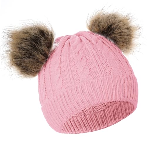 Yolyoo Fashion Winter Beanie Hat for Kids Baby,Knitted Warm Faux Fur Pompom Toddler Hat for Gils Boys White (US, Age, 0 Months, 6 Years, Light Pink)
