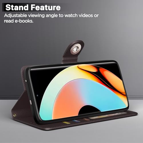 Image of Pikkme Flip Cover Leather Finish | Inside TPU with Card Pockets | Wallet Stand and Shock Proof | Complete Protection Button Flip Case for Realme 10 Pro Plus 5G (Coffee)