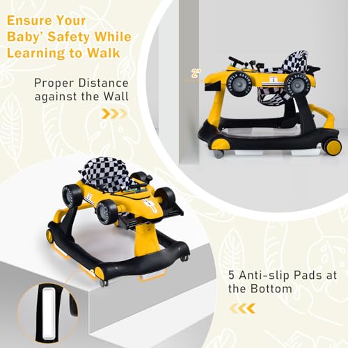 Image of GLACER Foldable Baby Walker, 4-in-1 Infant Walker with Adjustable Height & Speed, Music, Light, Steering Wheel & Washable Cushion, Baby Walker Activity Center for Boys Girls 6 -18 Months (Yellow)
