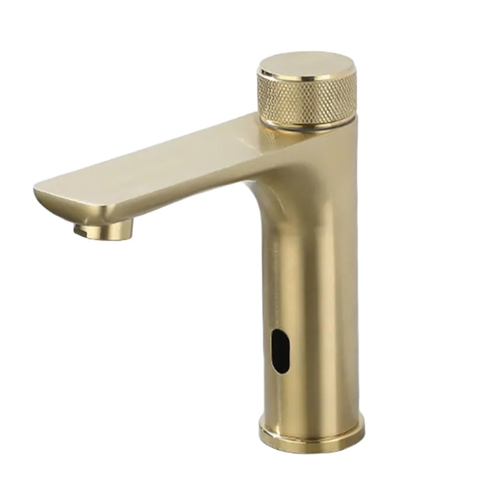 QHQQXN Bezdotykowy kran z czujnikiem podczerwieni ze stali nierdzewnej 304, automatyczny kran z ciepłą i zimną wodą z antypoślizgowym pokrętłem, stylowe szaro-złote wykończenie do kuchni i łazienki
