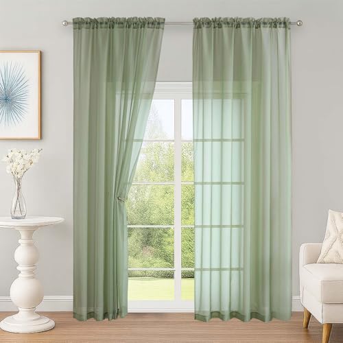 Image of OWENIE Sage Green Sheer Curtain 90 Inches Long 2 Panels Set, Solid Filmy Drapes for Living Room Bedroom, Elegant Window Voile Sheer Curtain Panels Drapes, 2 Pcs, Each 59W x 90L Inch