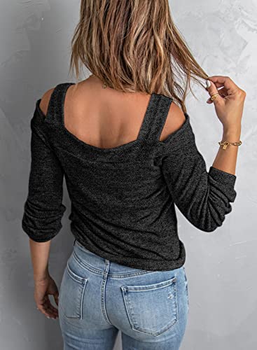 Image of Women Blouses and Tops Black White Colorblock Bell Sleeve Cold Shoulder Top Shirt