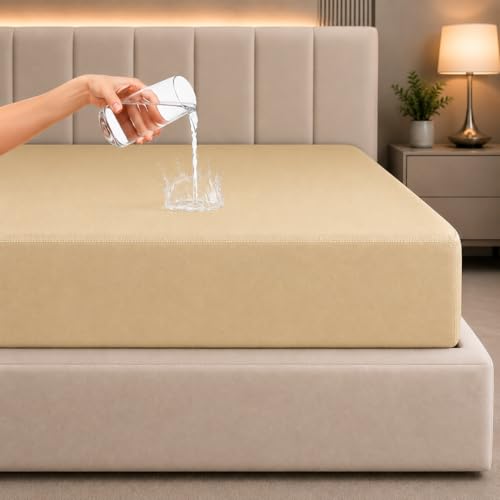 Image of La Verne 100% Waterproof Premium Cotton Feel Mattress Protector King Size 78 x 72 Inches | Breathable and Hypoallergenic Ultra Soft Fitted Bed Protector Cover (Beige, King, Terry Fitted)