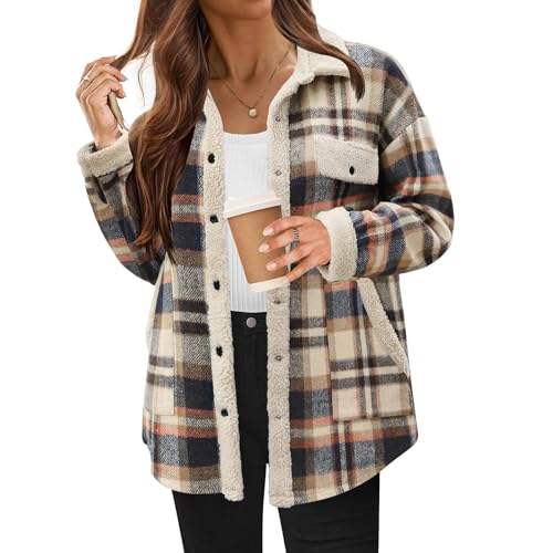 Womens Fall Fashion 2025 Flannel Shackets Plaid Button Down Jacket Casual Long Sleeve Fleece Shirt With Pockets2