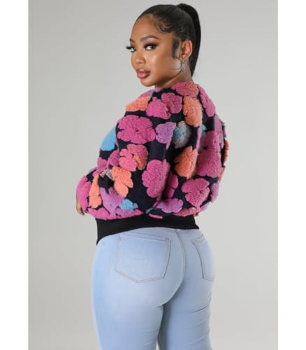 Angsuttc Women's Cropped Floral Bomber Jacket Puff Sleeves Lightweight Fleece Shacket Button Down Varsity Coat Outwear 6