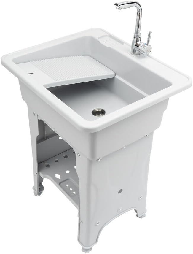 Laundry Sink, Freestanding Plastic Utility Sink with Tap, Recessed Deep Sink Kit, Hose and Drain Kit, Freestanding Plastic Sink for Laundry Room, Basement, Garage and Garden. (60 models)