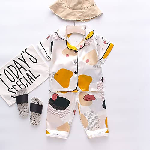 Toddler Baby Satin 𝐏ajamas Boy Girl Button Down Sl𝐞epwear Long Sleeve 2 Piece Silk 𝐏js Set Cute Cartoon Kids 𝐋ounge Set2