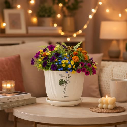 Image of Xtore Botanique Ceramic Planter with Drainage Tray | Ribbed Botanical Print Flower Pot for Balcony, Home, Study Table, Office Desk & Window Decor - (White, 1 Piece, Planter ONLY)