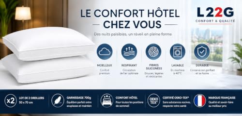 L22G Oreillers 50x70 cm Lot de 2 - Moelleux et Respirants - Garnissage Fibres Siliconées - Confort Hôtel - Lavables – vue 2