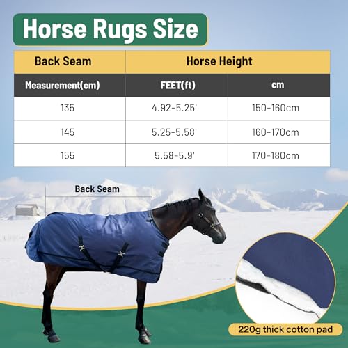 Winter Horse Blanket with Neck Cover for Real Horses | Horse Turnout Blanket | Open Front with 2 Buckles | 1200 Denier 220g (Navy Blue, 72\'\')