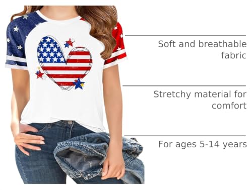 Image of CAZYCHILD Girls 4th of July USA Shirt American Flag Patriotic T-Shirt Independence Day Outfit for Kids 5-14Years