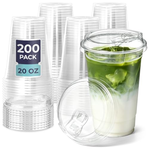 Fit Meal Prep 200 Pack 20 oz Clear Plastic Cups with Strawless Sip Lids, Disposable Plastic Coffee Cups with Lids, To Go Cups for Iced Coffee, Smoothies, Soda, Party Drinks, Bubble Tea, Cold Beverage