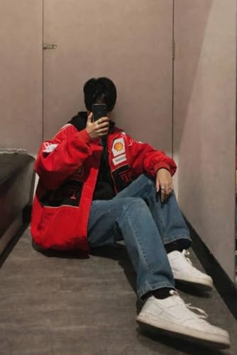 Image of UrbanVibes Red F1 Speed Printed Jacket | Motorsport & Streetwear Fusion | Racing Jacket with Patches, Full Zip Hooded Motorsport Style Outerwear RED