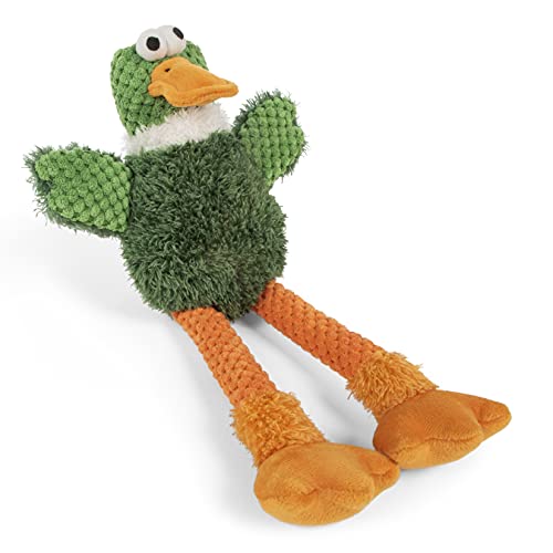 Image of goDog Checkers Skinny Duck Squeaky Plush Dog Toy, Chew Guard Technology - Green, Small