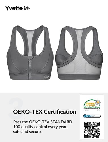 Yvette Zip Front Sports Bra - High Impact Sports Bras For Women Plus Size Workout Fitness Running,Grey #TOP6