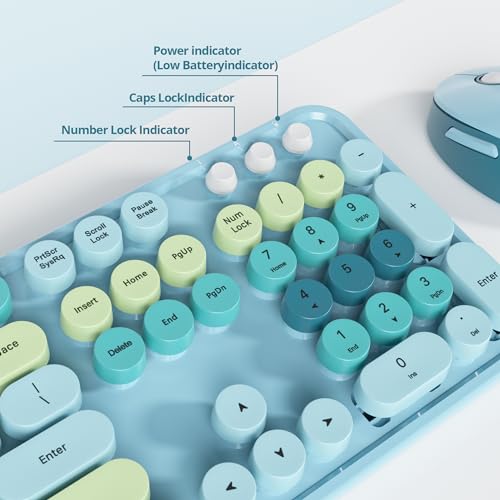 Image of Owpkeenthy Blue Keyboard and Mouse Wireless，Cute Typewriter Keyboard Wireless 2.4GHz Full-Size with Retro Round Keycaps for Desktop, Laptop and Computer(Coloful Blue)