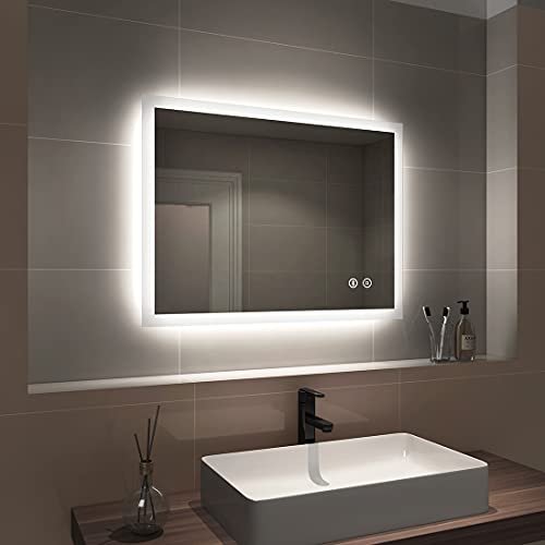 EMKE Illuminated Bathroom Mirror with Bluetooth Speaker, 800x600mm Bathroom Mirror LED Light with Demister, Shaver Sockets Wall Mounted Mirror
