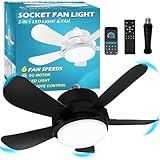 Socket Fan Light With Remote, Screw Ceiling Fans with Lights, 5 Reversible Blades, Quiet 6-Speed DC Motor, Dimmable Socket Fan for Garage Bathroom Kitchen, 6000 Kelvins As Seen On TV (White) (Black)