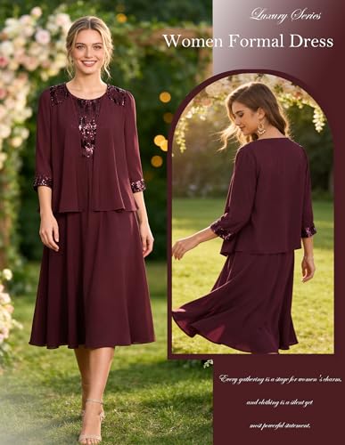 Image of GRACE KARIN Formal Wedding Guest Dress Sequin Mother of The Bride Dresses | Two Piece,3 /4 Sleeve,Tea Length,Crew Neck,Fit and Flare,Chiffon,Suitable for Spring /Summer /Fall /Winter /Cocktail /Party /Prom
