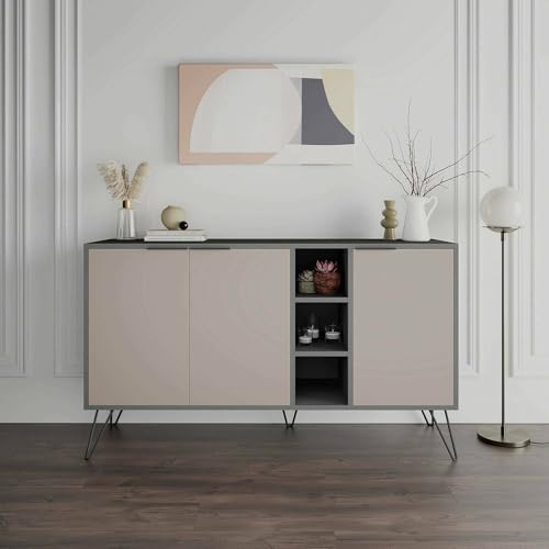 Dmora Credenza Perseus, Buffet da Soggiorno, Madia da Salotto, Dispensa da Cucina, 142x36h83 cm, Antracite e Beige, Pannello melaminico 18mm, Metallo