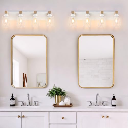 Image of Farmhouse 4-Light Wood Bathroom Vanity Light, White Metal Cage Shade