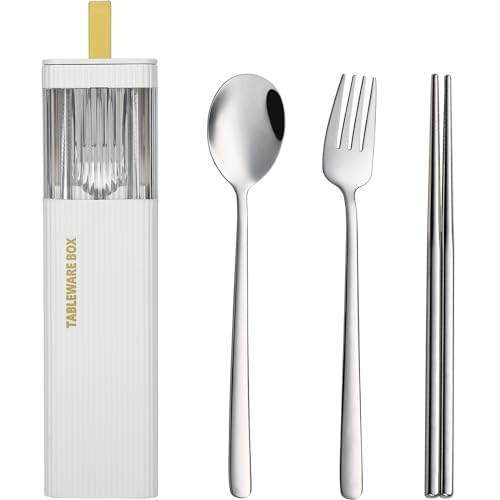 DEVICO Travel Utensils with Case, Stainless Steel Reusable Camping Silverware Set for Lunch Box, Portable Cutlery Kit Includes Fork, Spoon, Chopsticks (White)