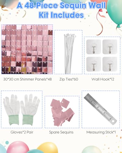 Image of Pink Shimmer Wall Backdrop 48 Panels Cover 6 x 8 Ft, Photo Backdrops for Wedding,Anniversary,Birthday,Party Decoration