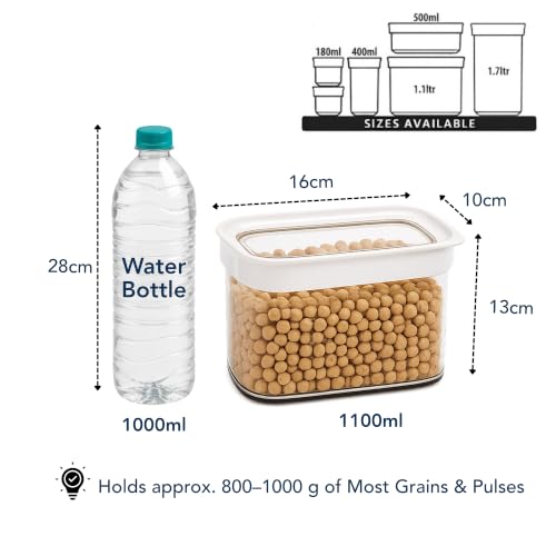 Image of Airtight Kitchen Containers Pack of 1, 1100ML | BPA Free Stackable Jar, Modular Storage, Pantry Organiser, Fridge & Dishwasher Safe, Stain Resistant, Clear & Transparent lid (White)