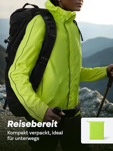 Prowiste Fahrradjacke Herren & Damen L – Wasserdicht & Atmungsaktiv – Reflektierende Regenjacke mit Kapuze & Rückentasche – Kompakt mit Tasche verstaubar – Laufjacke – Windjacke