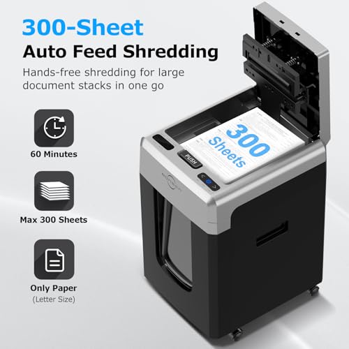 Image of BONSEN 300-Sheet Auto Feed Paper Shredder, P-5 High Security Heavy Duty Shredders for Office Use, 60 Minutes Non-Stop Micro Cut Shredding, 8.1-Gal Pullout Bin, 58dB Quiet Large Paper Shredder (S9221)