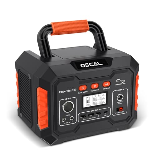 OSCAL Portable Power Station PowerMax 300, 266Wh (600W Surge) Solar Generator with 8 Charging Outlets, 60W USB-C PD Output, LED Light for Home Emergencies, Outdoor Camping and Weekend Travel