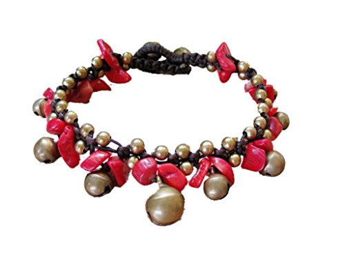 Khum Wieng Kham Women's Bracelet with Brass Bells Adjustable Size Wax String Red Stones