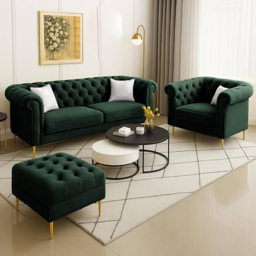 Image of Classic 3+1= 4 Seater with Footrest Seater Sofa Set Luxury Chesterfield Modern Fahionalable Sleeper Sofa for Living Room, Dining Room, (Green A1)