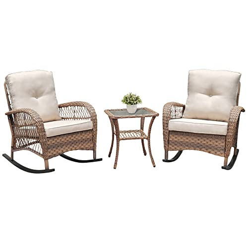 ATR Art TO Real Juego de 3 mecedoras de jardín, Juego de Muebles de conversación de ratán para Patio con Mimbre Tejido a Mano de Resina, Juego de 2 mecedoras y Mesa de café de Vidrio Templado